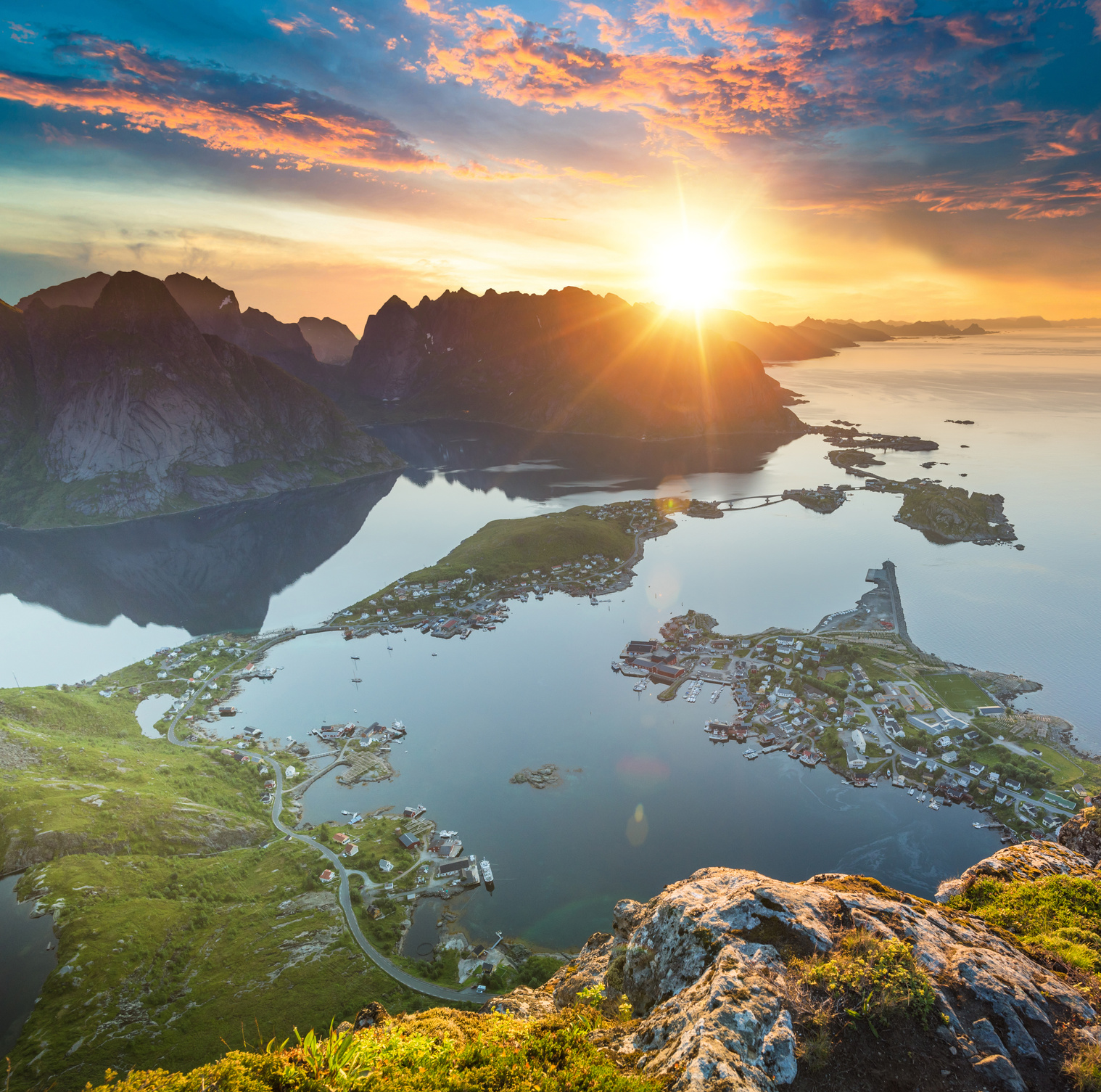 Norway Panoramic view of Lofoten Islands in Norway with sunset scenic